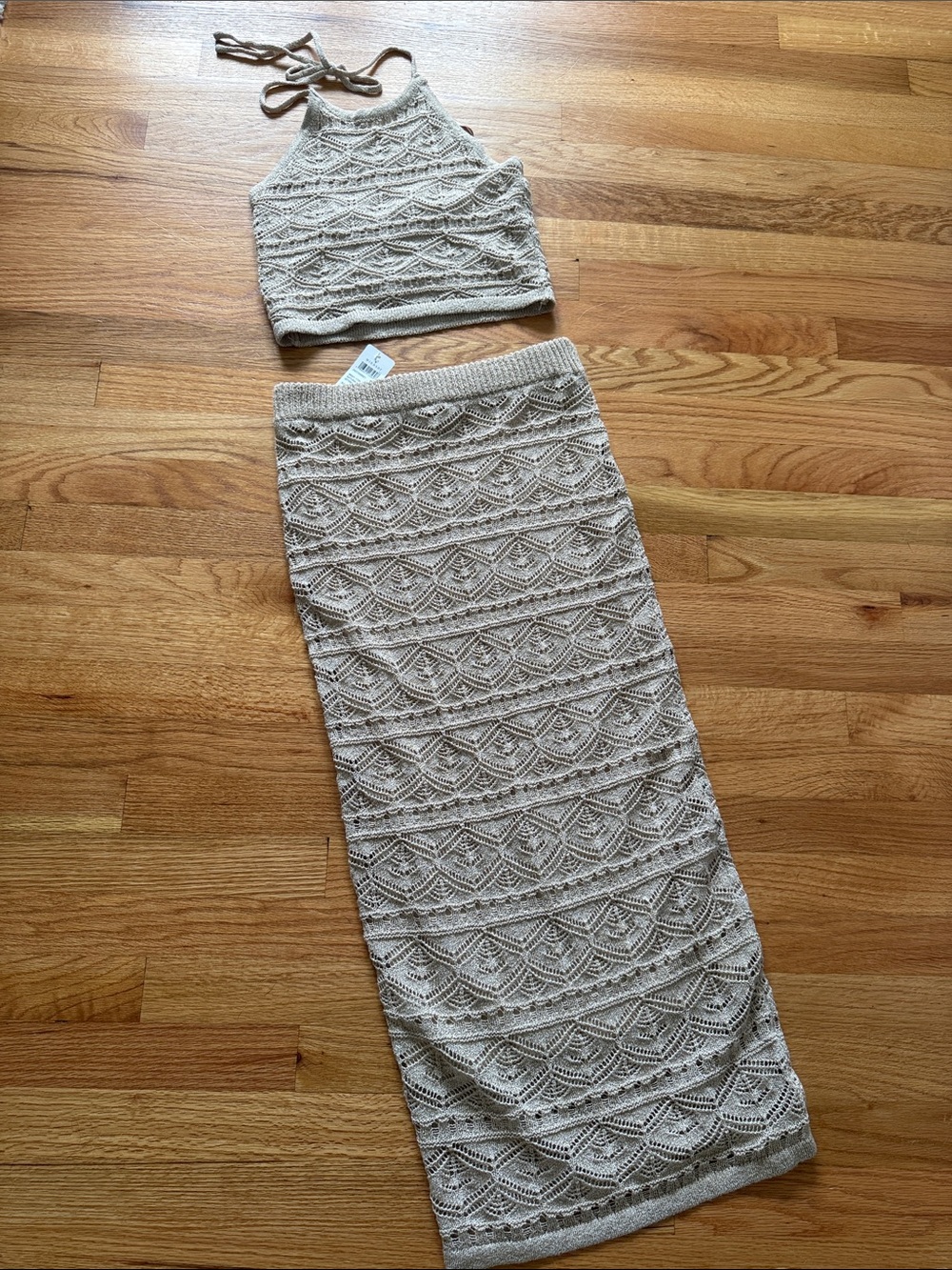 Windsor Two-Piece Knit Crop Top and Maxi Skirt Set - Beige Crochet